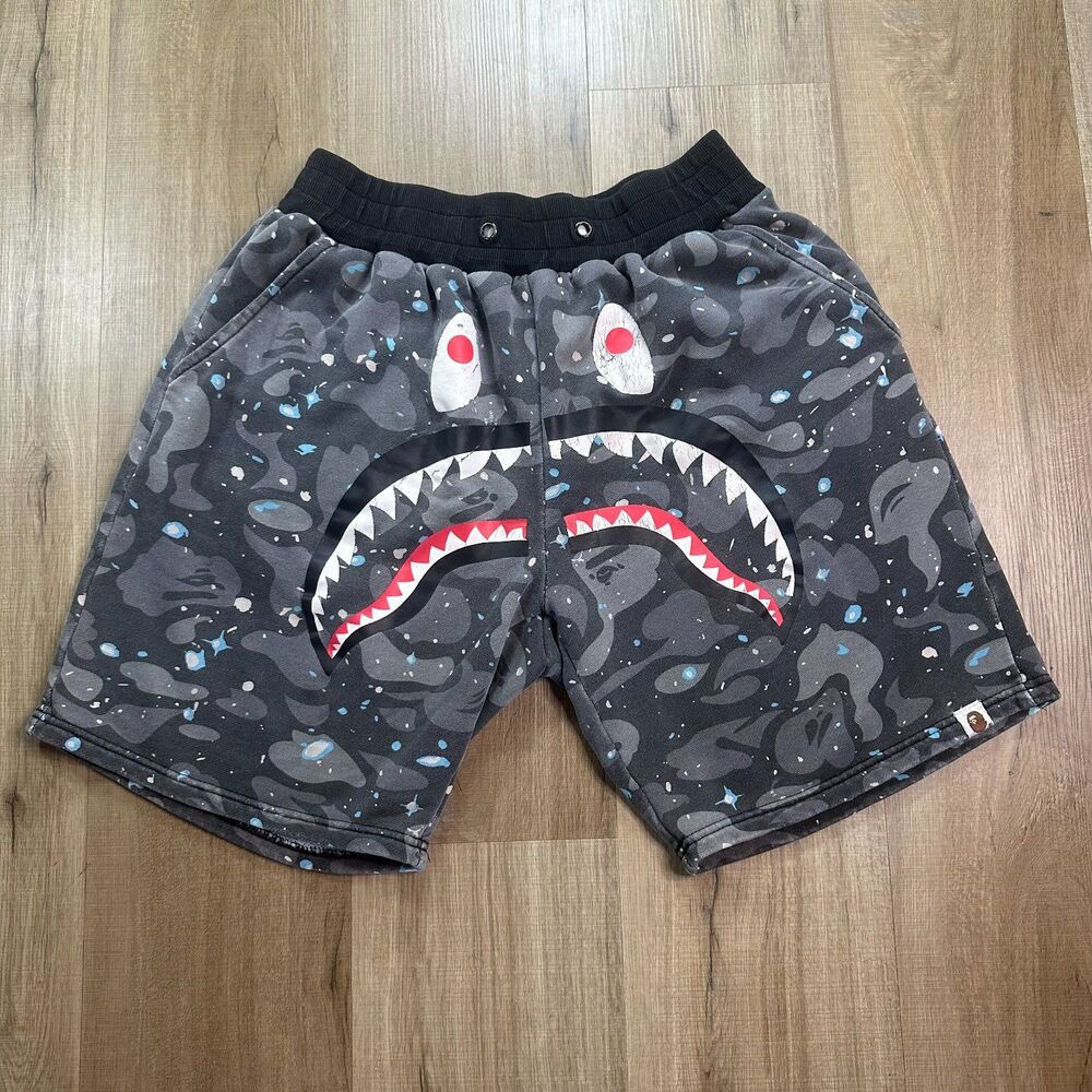 A Bathing Ape BAPE Kids XXL Space Camo Shark Sweat Shorts Black Grey